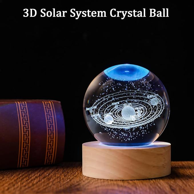 3D Solar System 60mm Crystal Ball Astronomy Universe Gifts 3D Solar System Planets Model Science Space Themed Physics Gifts Night Light lamp for Kids Men Him Science Teacher