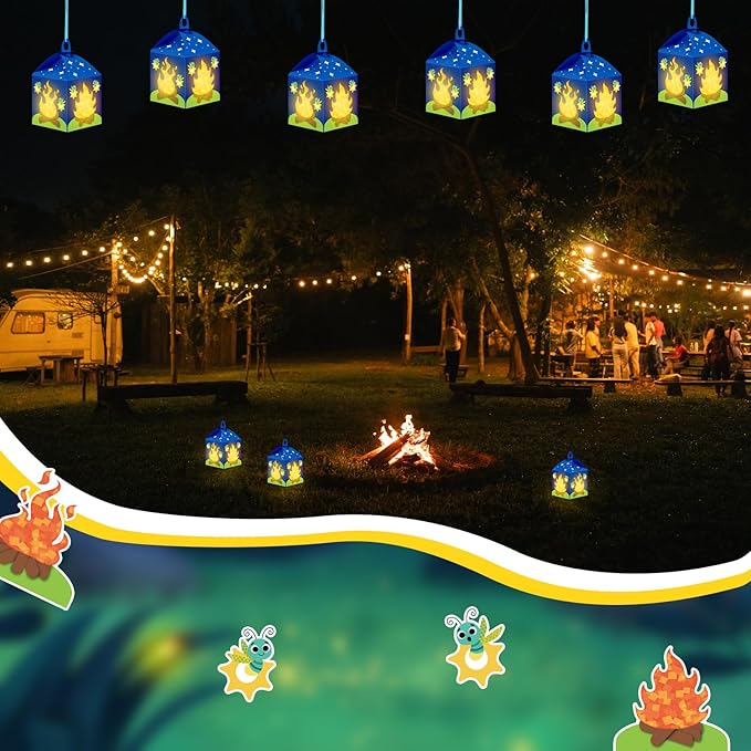 12 Sets Camp Crafts with LED Candles Lights Camping Campfire Vbs Tissue Paper Crafts Kits DIY Campfire Lantern Hanging Ornaments for Vbs Sunday School Party Activities