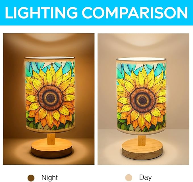 Sunflower Table Lamp LED 3-Color Pressed Bedside, Sunflower Shade Lamp with Wood Base for Bedroom Living Room Desk Office TL01
