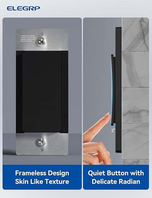 ELEGRP Smart Light Switch, 2.4GHz Wi-Fi Light Switch Compatible with Alexa & Google Assistant, Neutral Wire Required, APP Control and Timer Schedule, UL Certified, Single Pole/3 Way, Black, 6 Pack