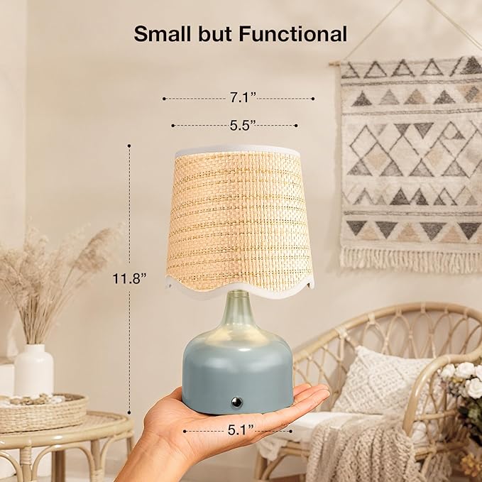 Cordless Boho Table Lamp Blue, Scalloped Wicker Shade, 5200-mAh Rechargeable Battery, 3-Way Dimmable, Build-in Integrated LED 320 Lumen Max, for Bedside Living Room