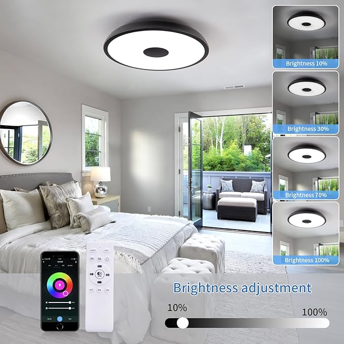 Black Smart Waterproof LED Flush Mount Ceiling Light Fixture,18W,with Bluetooth Speaker,RGB Color Changing Function-Dimmable Lamp,Tuya Application Control-Compatible with Alexa Google Home