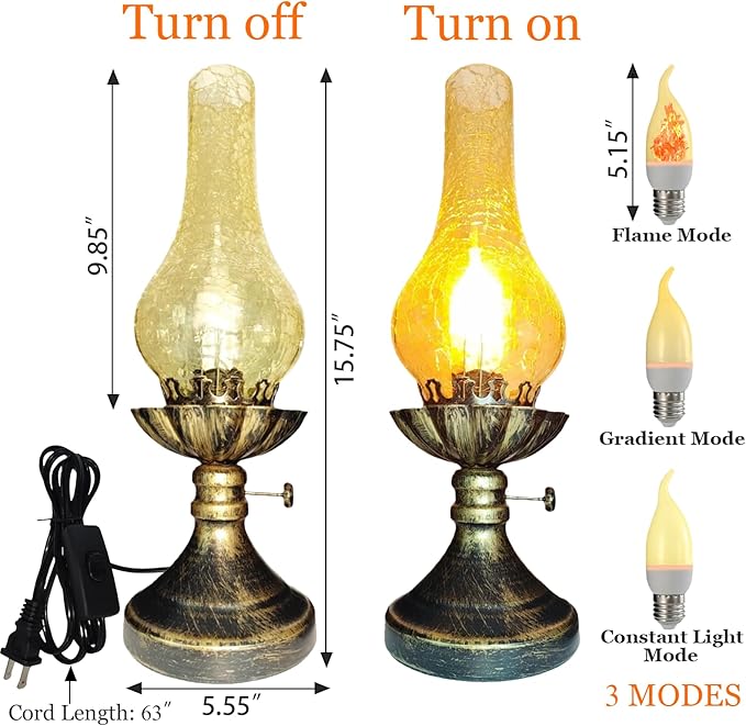 Vintage Table Lamp - 3 Modes Dimmable Retro Rustic Desk Lamp with Crackle Glass Shade, Antique Victorian Style, E26 Bulb Included, Ideal for Bedroom, Living Room, Home Decor (Yellow-Gold)