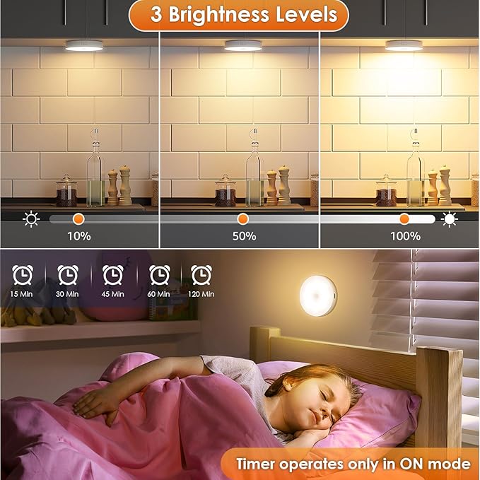 Motion Sensor Puck Light with Remote, Wireless Dimmable Under Cabinet Lighting, Rechargeable Magnetic Closet Night Light, 4-Pack, Warm White