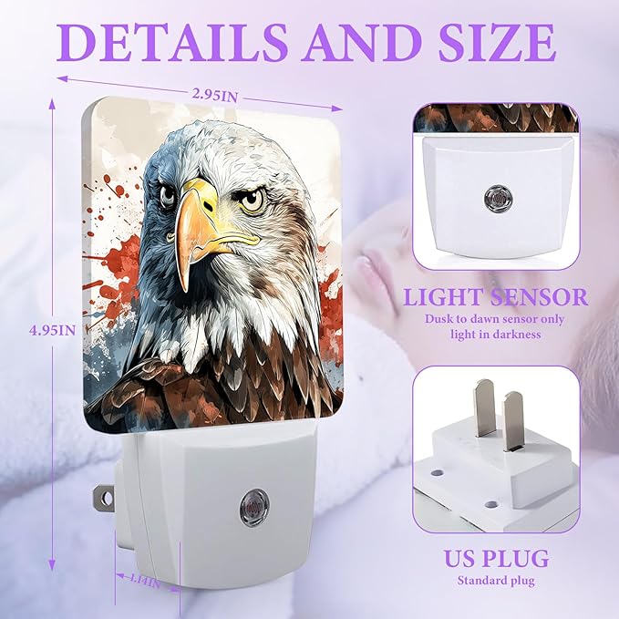 American Flag Eagle Night Light,Plug-in Night Lights with Dusk-to-Dawn Sensor for Bedroom,Bathroom and Living Room Sleep Friendly lamp 0.5w