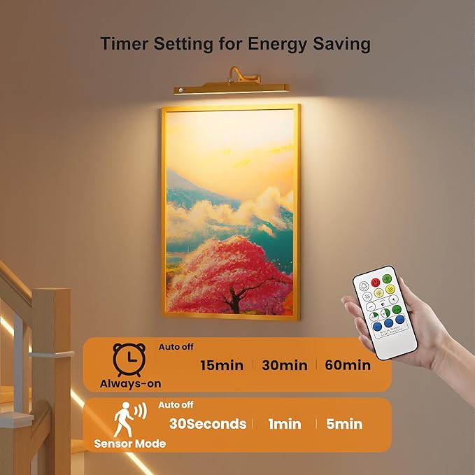 Battery Operated Gallery Lights for Wall Brass– Motion Sensor Picture Light, 5000mAh Wireless and Dimmable 3CCT Art Light Over Frame, Paintings, Photos, Mirrors (2Pack)