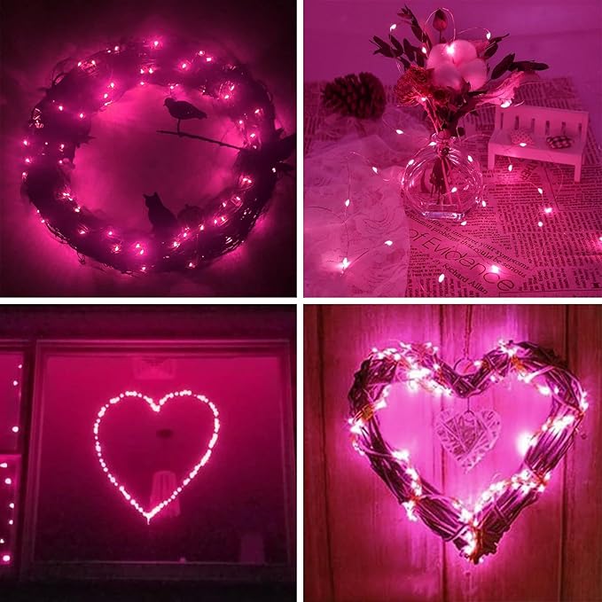 4 Pack 60 LED Pink Fairy Lights Battery Operated with Timer, 20FT Waterproof Twinkle Light Indoor Outdoor, Valentiens Lights for Valentine's Day Bedroom Wedding Birthday Christmas Decorations(Pink)
