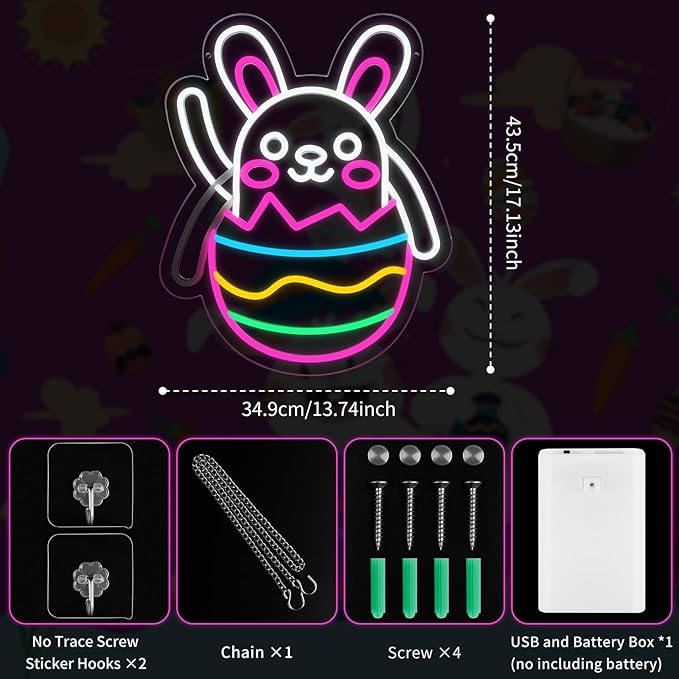 Easter Neon Sign for Wall Decor with Sticker, Waving Bunny Neon Lights, Dimmable LED Easter Rabbit Egg Window Decoration, Light Up Lamp Gift for Bedroom, Bar, Gameroom Decor, Wedding Birthday Party