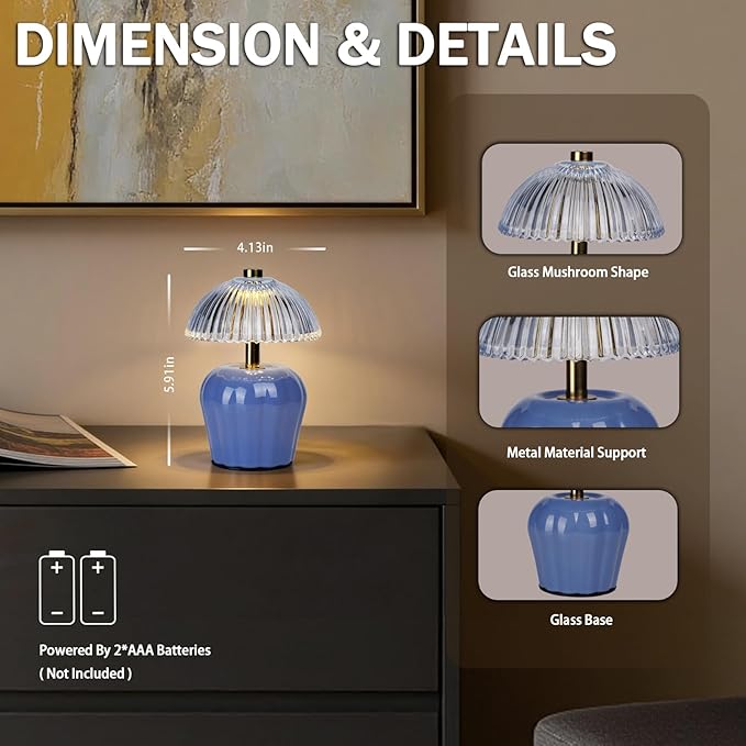 MJ PREMIER Small Cordless Lamp, Battery Operated Lamp with Timer, Mini Crystal Glass Mushroom Lampshade, Cute Small Table Lamps, Decorative Led Light for Bedroom Living Room Shelf (Blue)