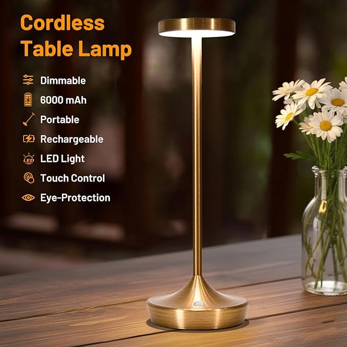 Cordless Table Lamp Rechargeable - 6000mAh LED Battery Operated Table Light - Portable Touch Dimmable Outdoor Waterproof Table Lamps for Patio Restaurant Dining (Bronze)