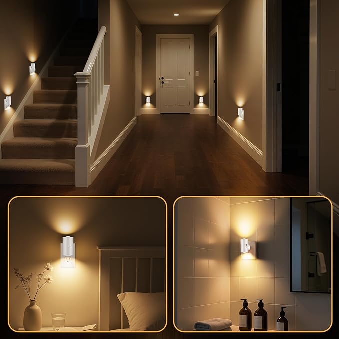 LED Night Lights Plug into Wall, Dimmable 4-Pack with Dusk to Dawn Sensor, 2700K Warm White, 0-200LM Adjustable & Rotatable Night Light for Bedroom, Hallway, Kitchen, Bathroom