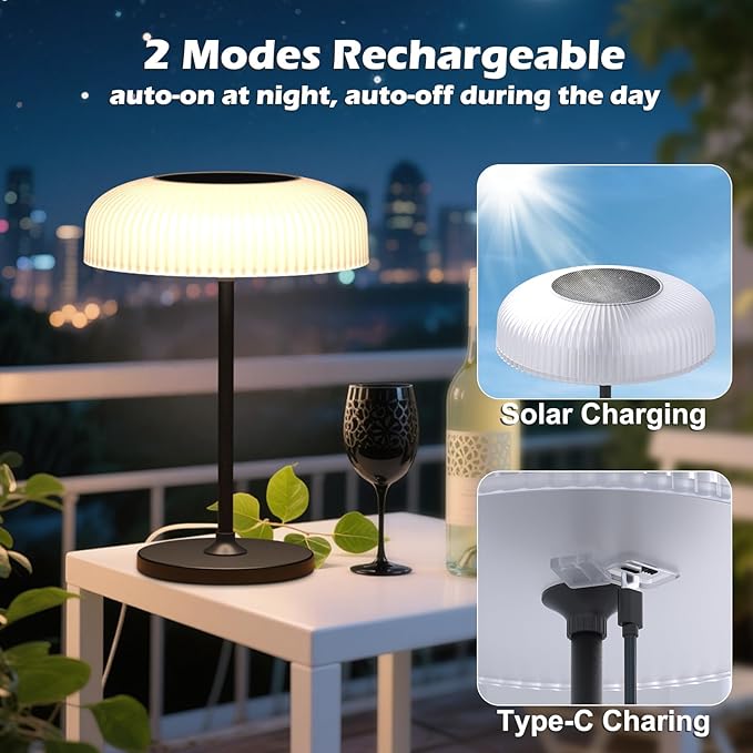 Nreonrick Cordless Mushroom Table Lamp, Portable Rechargeable Solar Night Light with Gesture and Touch Solar Table Lamps for Outdoor Patio, Garden Camping, Bedside Decor, Waterproof Lighting