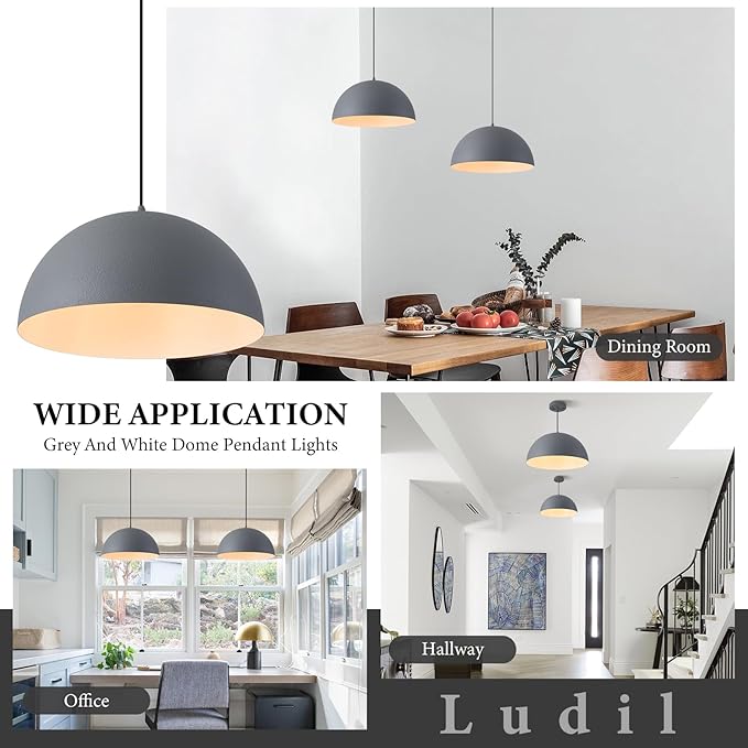 Industrial Pendant Lights Kitchen Island, 16 Inch Grey and White Metal Dome Pendant Light Fixtures, Farmhouse Hanging Light Fixture for Dining Room Restaurant Foyer Cafe, 2 Pack