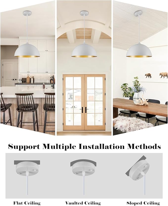 White Pendant Lights Kitchen Island 2 Pack, 14 Inch Large Dome Pendant Light, White and Gold Farmhouse Pendant Light, Island Pendant Lights for Kitchen, Dining Room