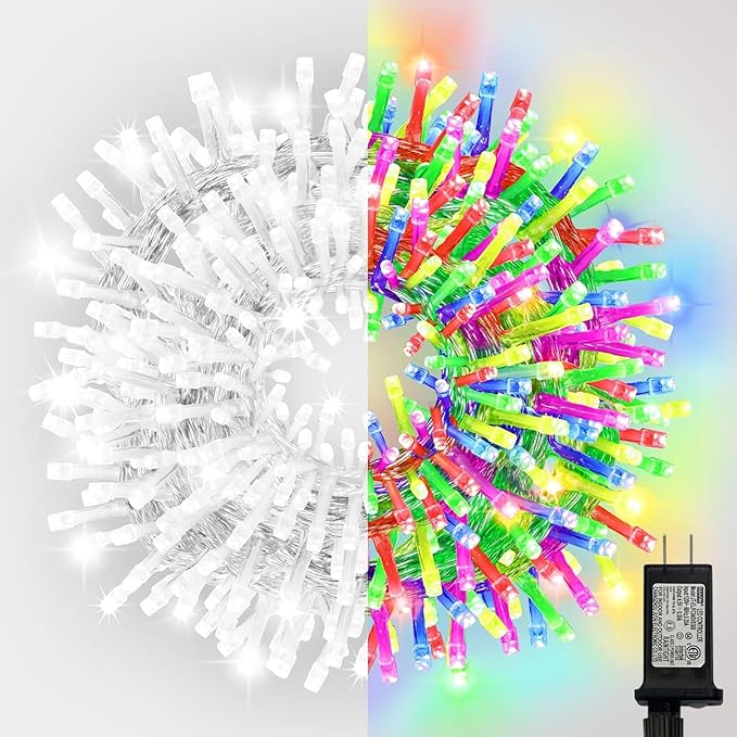 99ft Christmas Decorative Mini Lights, 300 LED Transparent Wire Fairy Starry String Light Plug in, 16Lighting Modes for Indoor Outdoor Xmas Tree Wedding Party Decoration (White and Multicolor)
