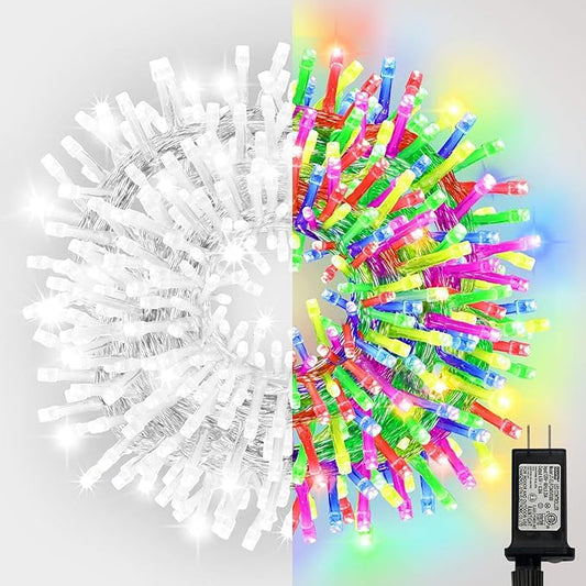 99ft Christmas Decorative Mini Lights, 300 LED Transparent Wire Fairy Starry String Light Plug in, 16Lighting Modes for Indoor Outdoor Xmas Tree Wedding Party Decoration (White and Multicolor)