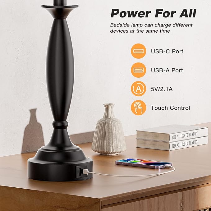 White Lamps for Bedrooms Set of 2 - Touch Control Bedside Lamp with USB C+A, 3 Way Dimmable Nightstand Lamps with USB Port, Table Lamp for Living Room(White Shade and Black Base)