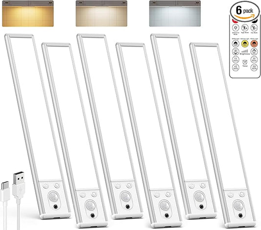 Under Cabinet Lighting Wireless, 2200mAh Rechargeable Battery Operated Motion Sensor Light Indoor, 3 Color Temps Under Counter Light, Dimmable Wireless Closet Lights w/Remote for Kitchen,Pantry,6 Pack