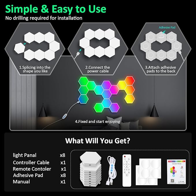 Large Hexagon Lights 8 Pack LED Gaming Panel - RGB Led Hex Light Panels Remote & App Control Geometry Night Lamp DIY Hexagon Smart Wall Lights Sync to Music for Room Bar Decor Gaming Setup