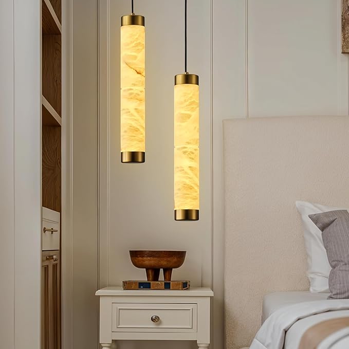 20" Alabaster Pendant Lights, Natural Marble Cylinder Brass Pendant Light, Adjustable Modern Ceiling Light Fixtures for Kitchen Island, Dining Room, Bedroom, Living Room, Bathroom