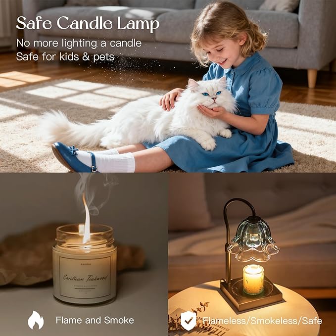 Candle Warmer Lamp with Timer: Navy Blue Flower Candle Warming Lamp with 2 Bulbs Height Adjustable Wax Warmer Dimmable Bedroom Decor Mothers Day Birthday Gift for Women