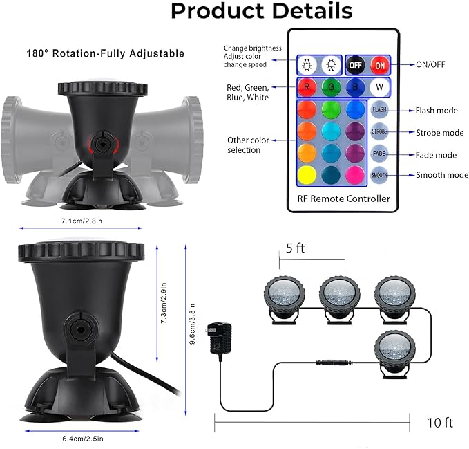 Pond Lights, RGB Outdoor LED Fountain Lights Underwater Landscape Spot Lights IP68 Waterproof Dimmable Memory for Garden Yard Lawn Waterfall (4 Lights)