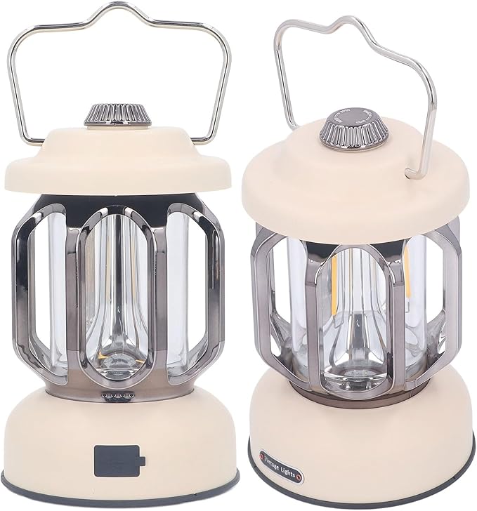 Retro Camping Lantern, Rechargeable LED Tent Lamp with 3 Light Modes, Dimmable Vintage Camping Light with Hook, USB Type C Portable Lantern for Garden Outdoor (Beige)