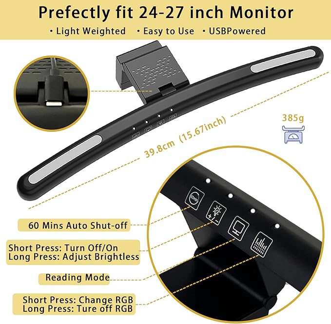 Curved Monitor Light Bar for 24-27 Inch Curved Screens Light Bar with 7 RGB, Stepless Dimming 3 Color Temperatures USB Powered Gaming Computer Light