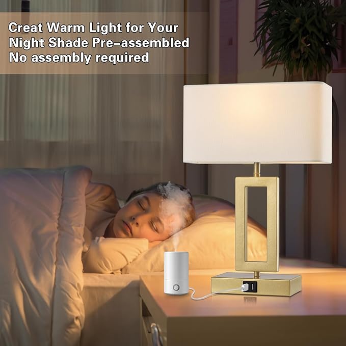 Gold Table Lamps Set of 2 with Dual USB Ports,3-Way Dimmable Touch Control Bedside Lamps,Modern Bedroom Table Lamp for Living Room,Nightstand LED Bulbs Included