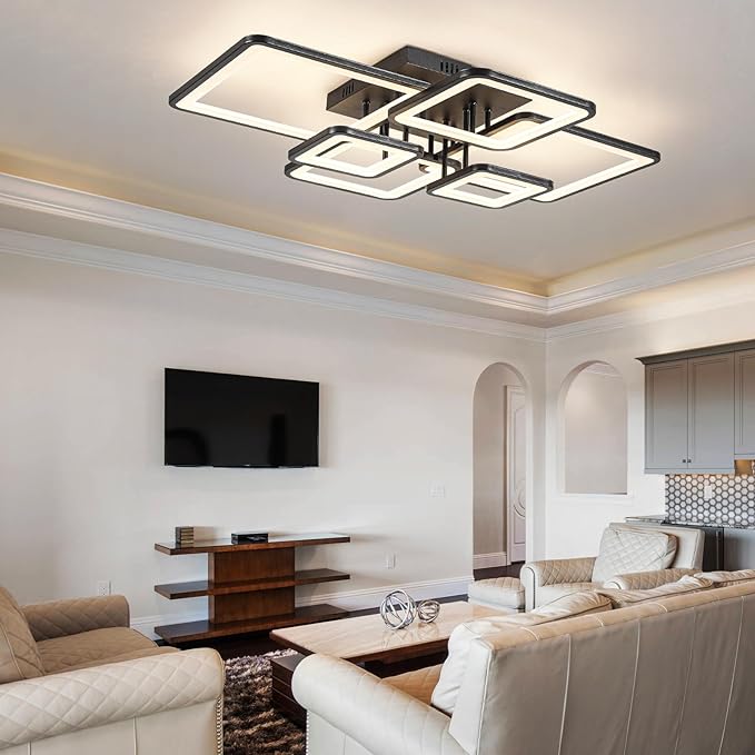Modern LED Ceiling Light Fixture Black Kitchen Lighting Fixtures Ceiling for Bedroom 31.5" Dimmable 6 Ring Square Ceiling Light for Kitchen with Remote Control for Living Room,Dining Room