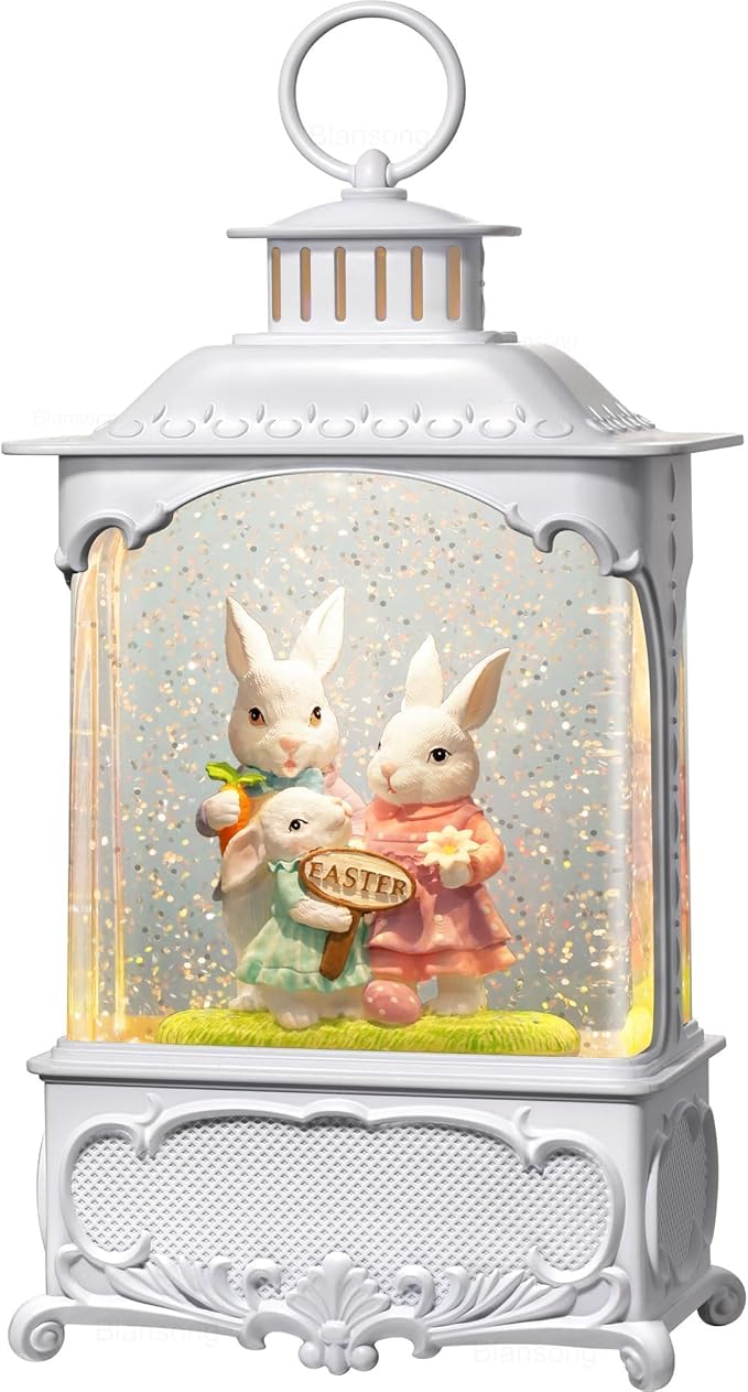 Easter Snow Globe Bunny Snow Globe Lantern with Timer, USB and Battery Powered Easter Decorations for Home Bunny Family 10.2 inch