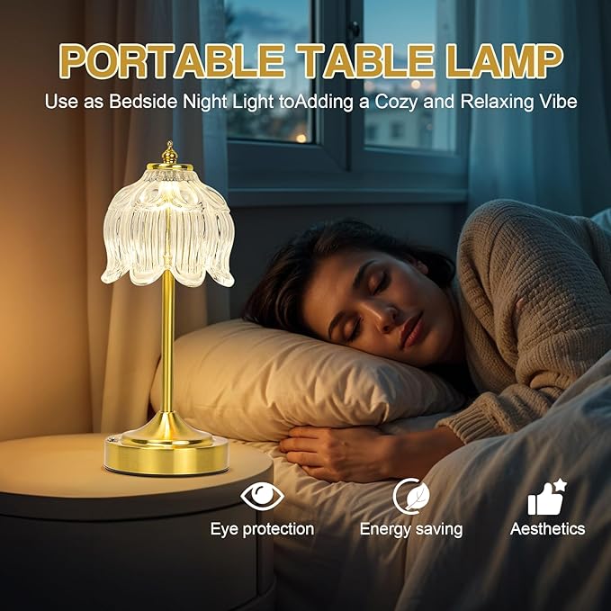 Cordless Lotus Flower Table Lamp, 5200mAh Rechargeable Battery Operated Portable Lamp, 3-Color Dimmable Touch Control Small Desk Lamp for Bedroom, Office, Kitchen, Nightstand,Room Decor (Flower Clear)