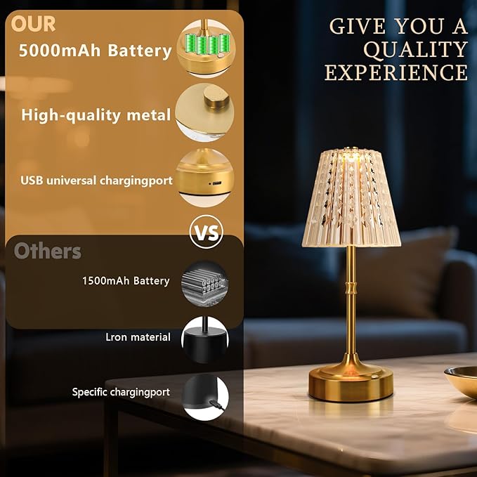 Touch Cordless Table Lamp Rechargeable, 3600mAh Battery Operated Small Crystal Lamp, 3 Color Dimmable Vintage Gold Table Light for Bedroom/Kitchen/Gift for Home Décor ((Luxury Style)