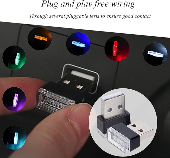 Febrytold 4Pcs Red USB Car Interior Atmosphere Lamps, Universal Mini Led USB Lights for Car Decoration, Lighting