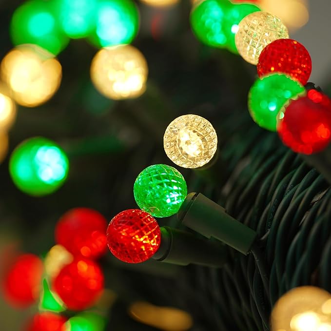 BOHON Red White and Green Christmas Lights Outdoor Faceted G15 50 LED 17ft Plug in Mini Globe String Lights Warm Waterproof Extendable Green Wire for Indoor Patio Xmas Thanksgiving Tree Decoration