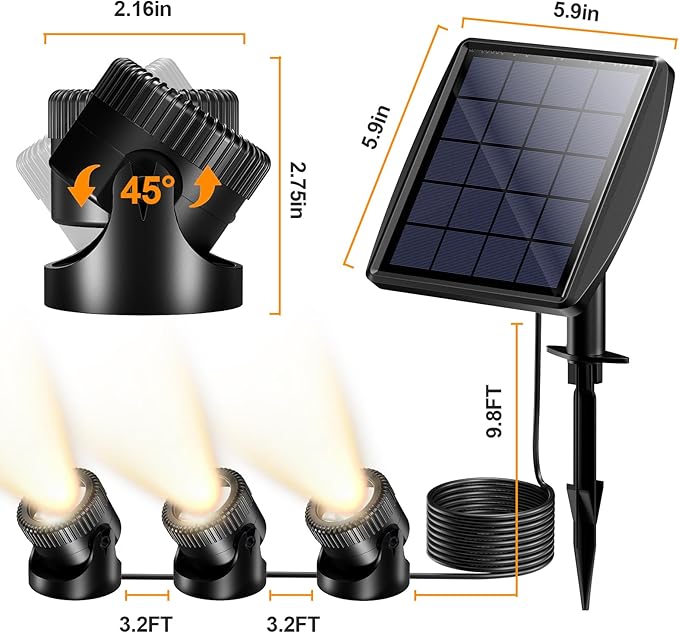 POPOSOAP Solar Pond Lights, 3-in-1 Warm White Underwater Pond Lights, IP68 Waterproof LED Landscape Spotlights for for Pond, Garden, Patio, Fountain, Pool, Waterfall Decoration(3 Head Lamp)-P63H