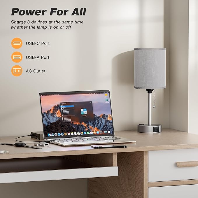 Small Bedside Table lamp for Bedroom - 3 Color Temperatures Bedside Lamps with USB Ports for Housewarming, Pull Chain Table Lamps with AC Outlet, Nightstand Lamps for Kids Reading