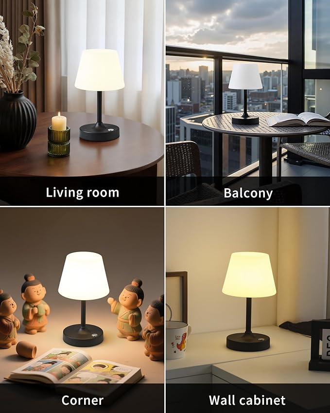 PUSU Cordless LED Black Small Table Lamp, Waterproof Shower Light with 4000mAh Battery, Portable Rechargeable Touch Dimming Night Light for Bathroom, Outdoor Camping, Kitchen, Patio, Restaurant