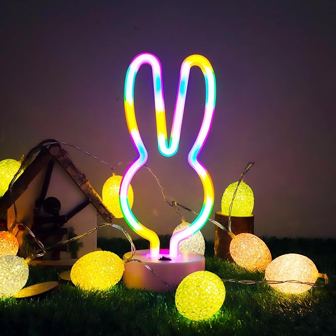 Easter Decorations Neon Bunny Lights, Creative Bunny Neon Signs with Base, Battery/USB Operated, Multi-colored Rabbit Lights for Home, Kids, Spring Decor