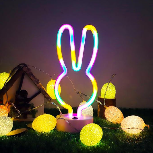 Easter Decorations Neon Bunny Lights, Creative Bunny Neon Signs with Base, Battery/USB Operated, Multi-colored Rabbit Lights for Home, Kids, Spring Decor