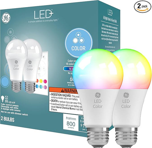 GE LED+ Color Changing LED Light Bulbs with Remote, No App or Wi-Fi Required, A19 Bulbs, CA Compliant (2 Pack)