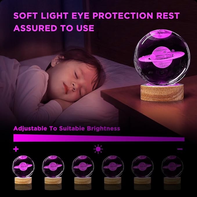 3D Crystal Ball Night Light - 3.15 inch Saturn Galaxy Planet Glass Ball Lamp with 16 Color Changing and Remote Control - Ideal for Bedroom Decor, Gifts for Friends, Kids, Christmas, Birthday