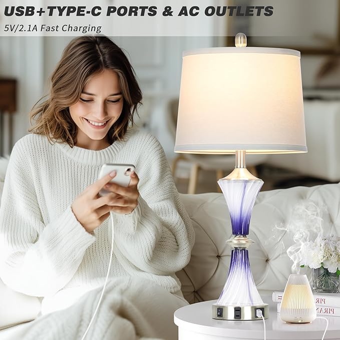 Purple Glass Table Lamp Set of 2 with USB C+A Ports & AC Outlet, Bedside Lamp, Modern Bedroom Lamps, Crystal Lamp for Night Stands Bedroom Living Room,Nightstand Lamp LED Bulbs Included