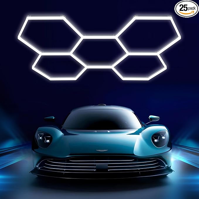 Hexagon Garage Lights 240W 26400LM - 25 Pack Super Bright LED Honeycomb Ceiling Lights for Garage, Workshop, Gym, Car Detailing, Barber & Auto Shops