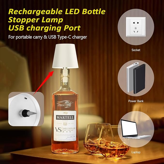 2025 New Wireless Bottle Lamp - LED Bottle Lights for Liquor & Wine Bottles, Cordless Lampshade, Whiskey Bottle Top Light, Bottle Stopper Night Light Kit, Rechargeable RGB Remote & Touch-Dimmable