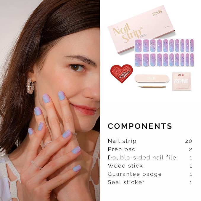 NAILOG Semi Cured Gel Nail Strips 20 Pcs | Buy 2 Get 1 UV Lamp | Extra Long Nail Wraps with Glossy Finishing | Star Kisses