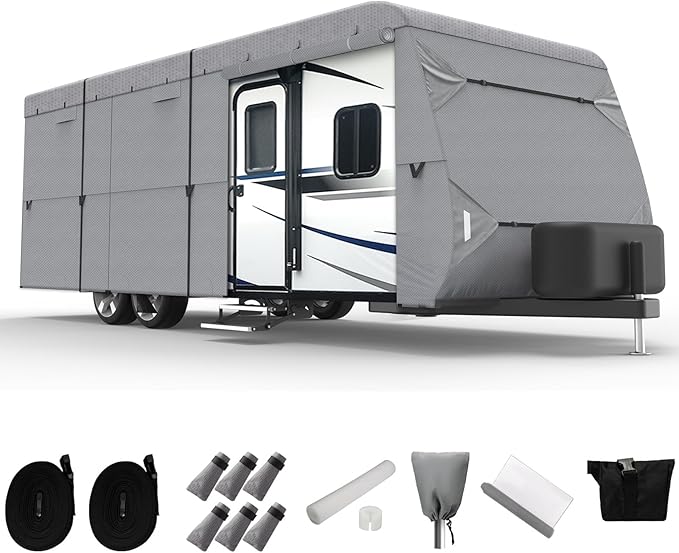 XGear Windproof Upgraded RV Cover Travel Trailer Cover, Extra-Thick 5 Layers Anti-UV Top, Rip-Stop with 2PCS Extra Straps (5 Layer/Travel Trailer Cover, Fits 22' - 24')