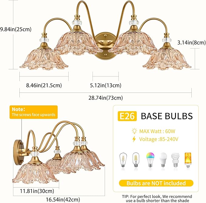 Vintage Bathroom Vanity Light, 4-Light Matte Brass Finish Vanity Light with Floral Amber Glass Shades, Retro Wall Mount Lighting for Bathroom, Dressing Table