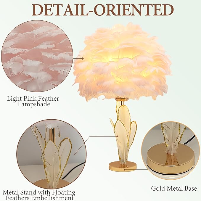 Pink Feather Lamp Goose Furry Table Lamp Princess Modern Fluffy Desk Lamp Simple Wedding Decor Romantic Bedside Night Light for Girl Bedroom Living Room Hotel