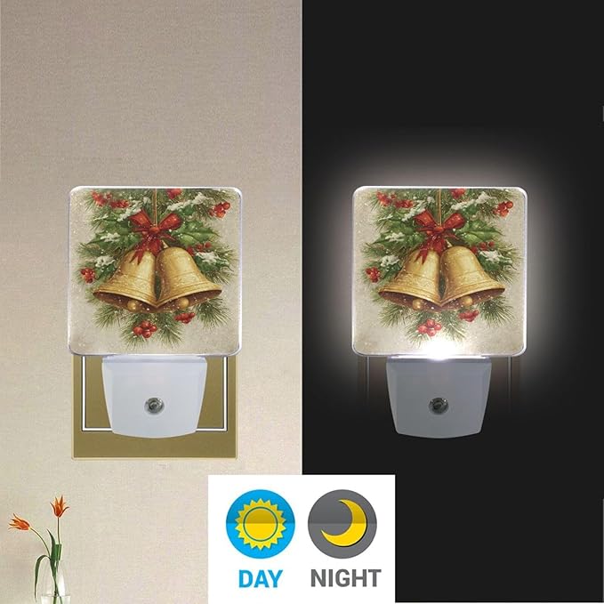 Christmas Golden Bells Night Light 2 Pack Dusk to Dawn Sensor Led Lamp for Women Men RetroNight Lights Plug into Wall Retro Decor for Bedroom Kitchen Bathroom Corridor, 0.5W